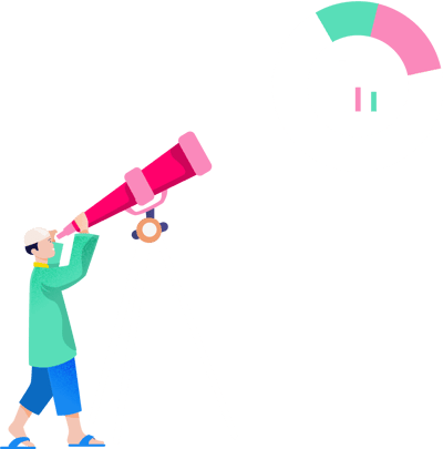 Animated person looking through a telescope for how to improve financial risk management. The telescope is pointed toward a circular graph representing financial risk management